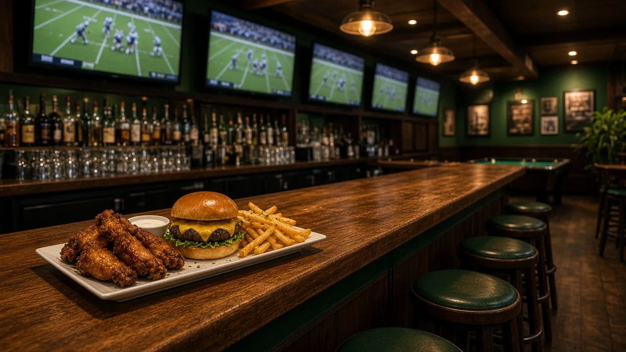 A wooden sports bar with TVs showing a football game and a plate of wings, a burger and fries on the bar